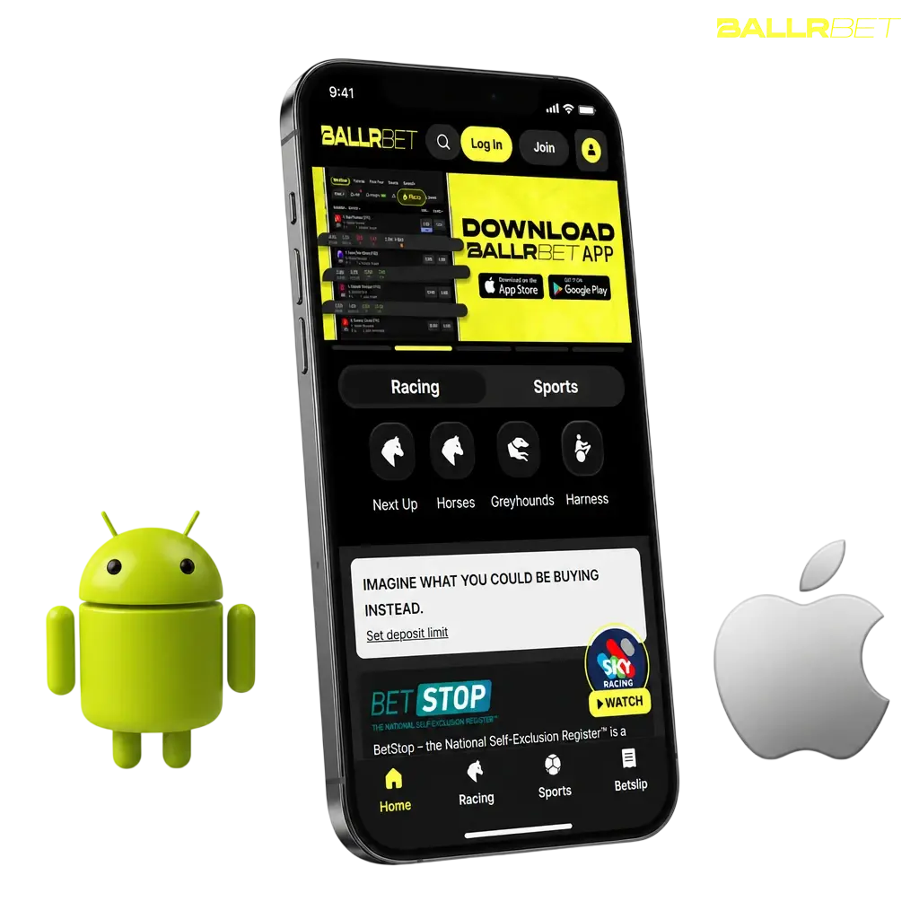 BallrBet app download screen for Android APK and iOS, offering sports betting and casino access for Australian players in 2026