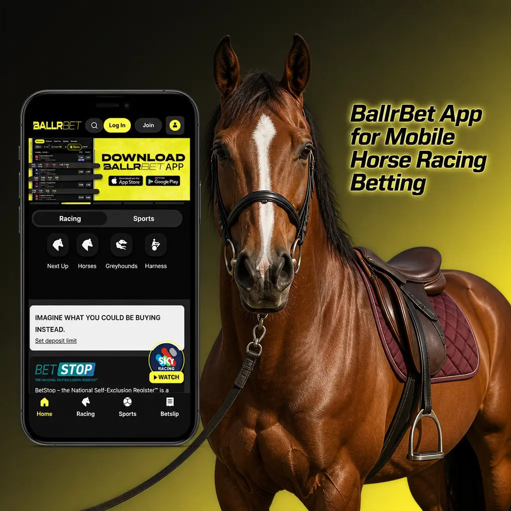 BallrBet mobile app screen showing horse racing markets, odds, and race fields for iOS and Android betting.