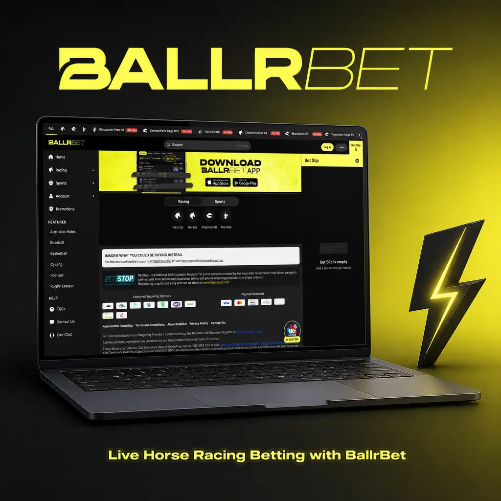Live horse racing betting with BallrBet, showing cash out, updated odds, replays, and fast settlement features.